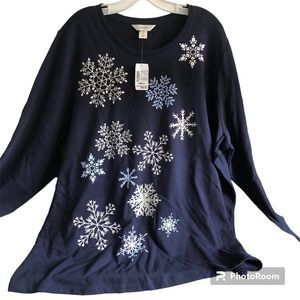 NWT cj banks Navy Long Sleeve Top Shirt Sweatshirt Sparkly Snowflakes 3X